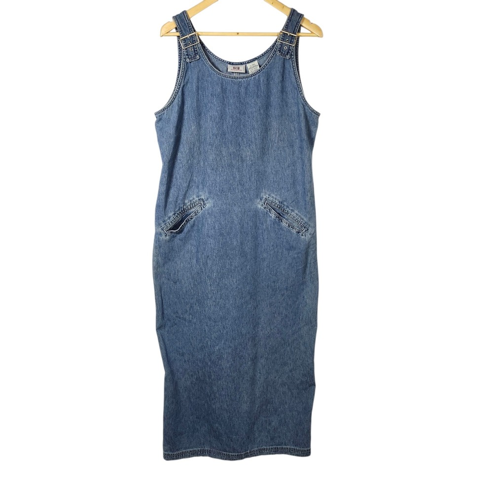 Vintage Faded Glory Denim Jumper Dress Womens XL Buckle Strap 90s Cottagecore